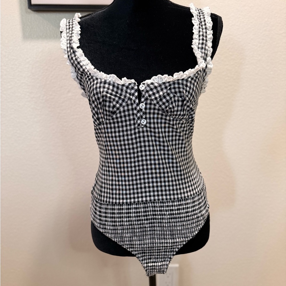 Free People Black & White Gingham Lace-Trim Bodysuit